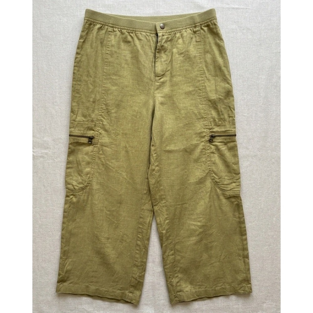 Soft Surroundings Cargo Pants Womens Small Mustard Linen Wide Leg Cropped‎ Olive